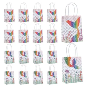 1 Set 20Pcs 2 Style Rectangle Foldable Creative Kraft Paper Gift Bag, Cartoon Pattern Gift Bag with Handle, Mermaid Paper Treat Bags for Themed Party Decorations