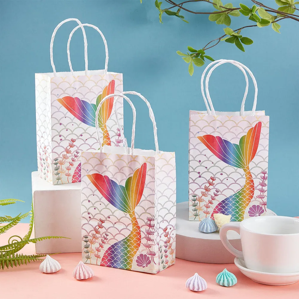 1 Set 20Pcs 2 Style Rectangle Foldable Creative Kraft Paper Gift Bag, Cartoon Pattern Gift Bag with Handle, Mermaid Paper Treat Bags for Themed Party Decorations