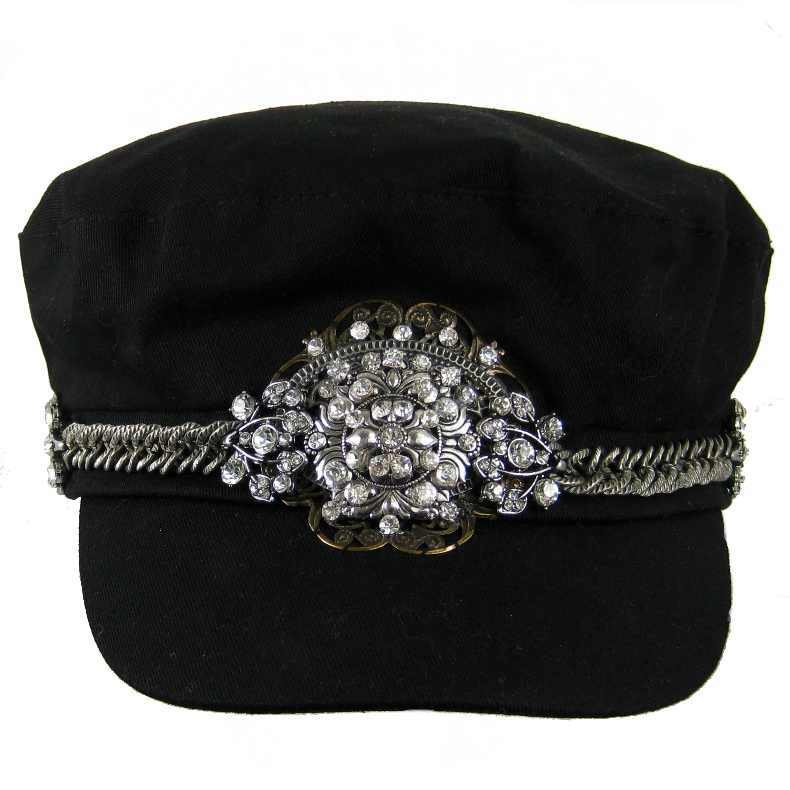 #1007h Black Newsboy Cap With Gunmetal Tone Chain, Silver & Rhinestone Embellishment