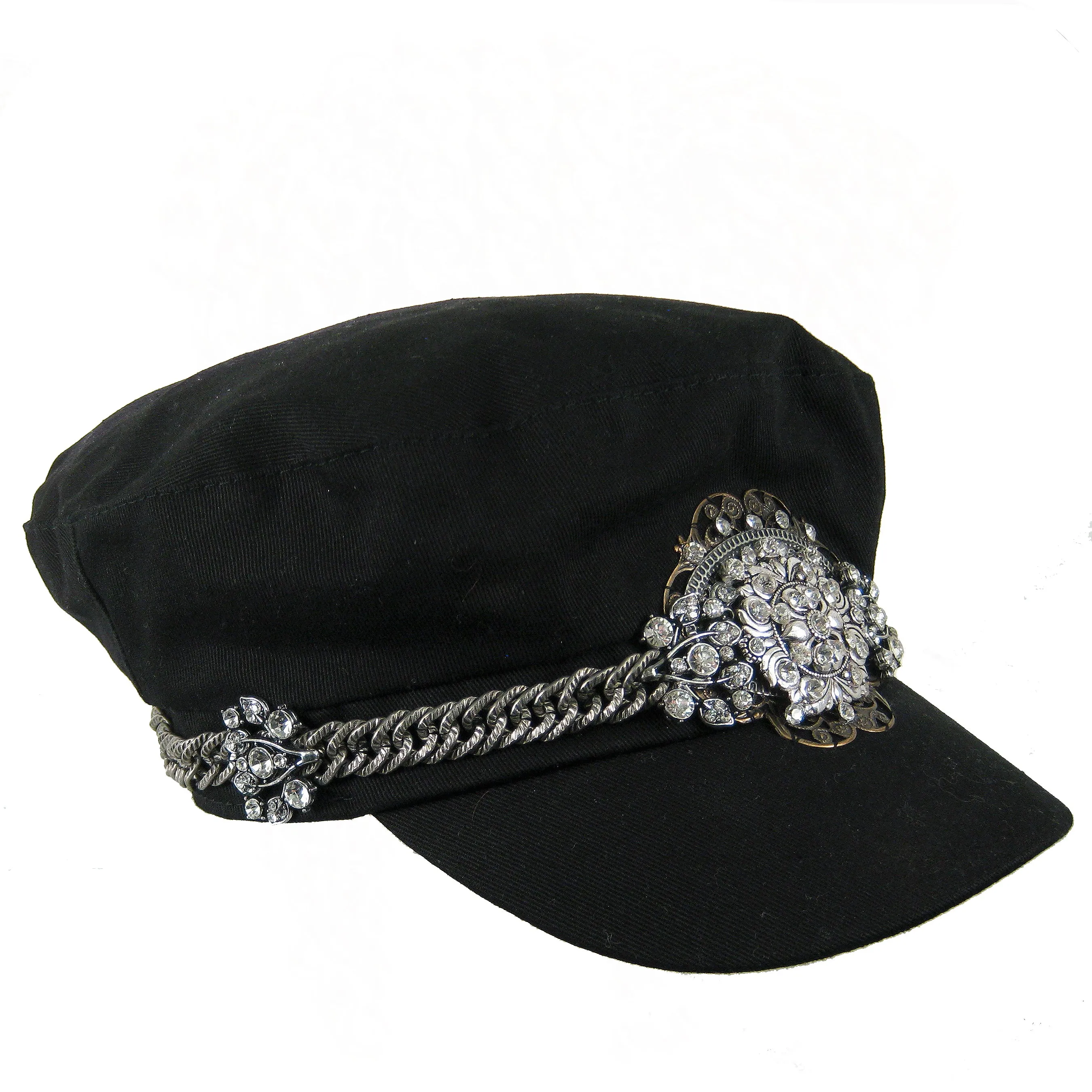 #1007h Black Newsboy Cap With Gunmetal Tone Chain, Silver & Rhinestone Embellishment