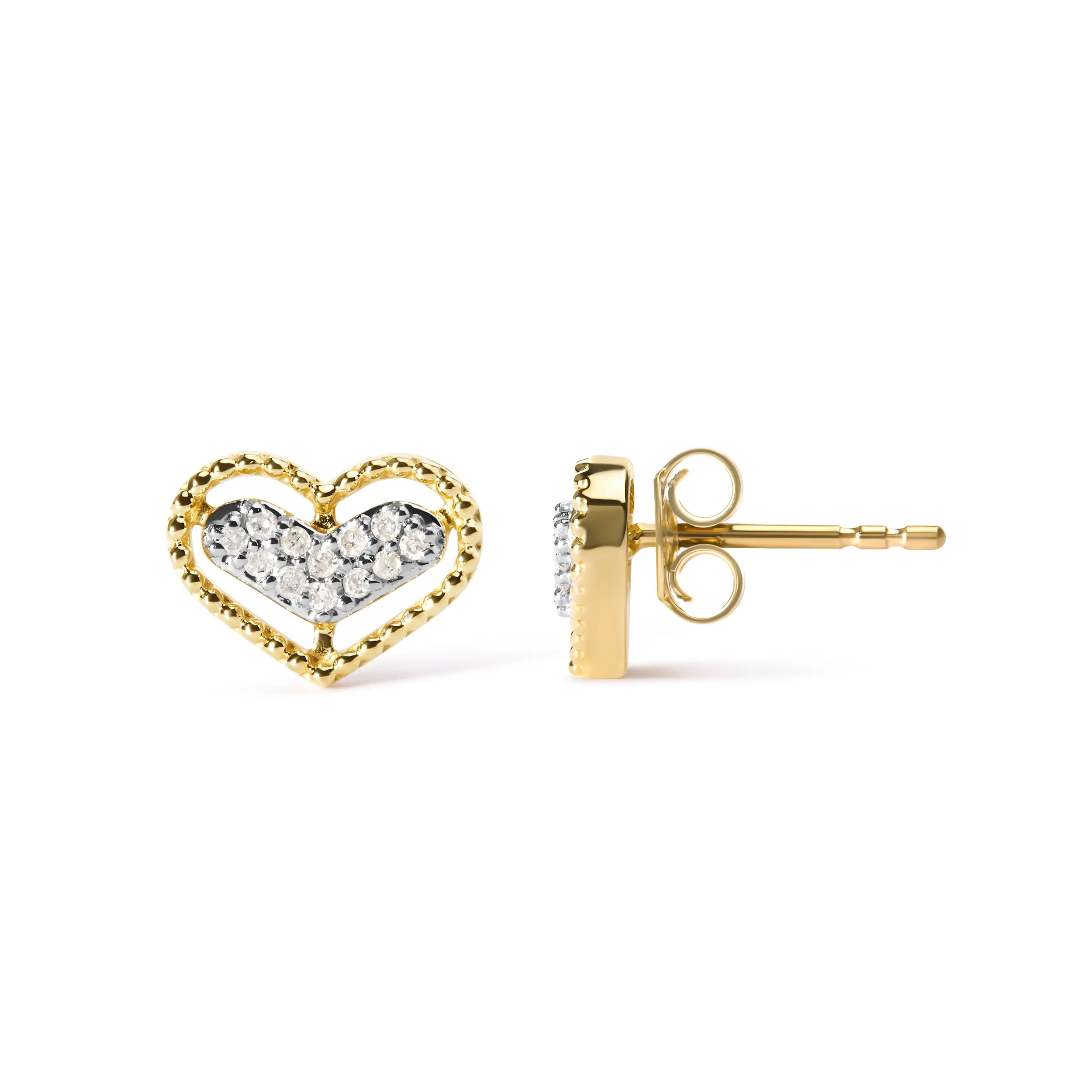 10K Yellow Gold 1/10 Cttw Diamond Heart and Beaded Halo Stud Earrings