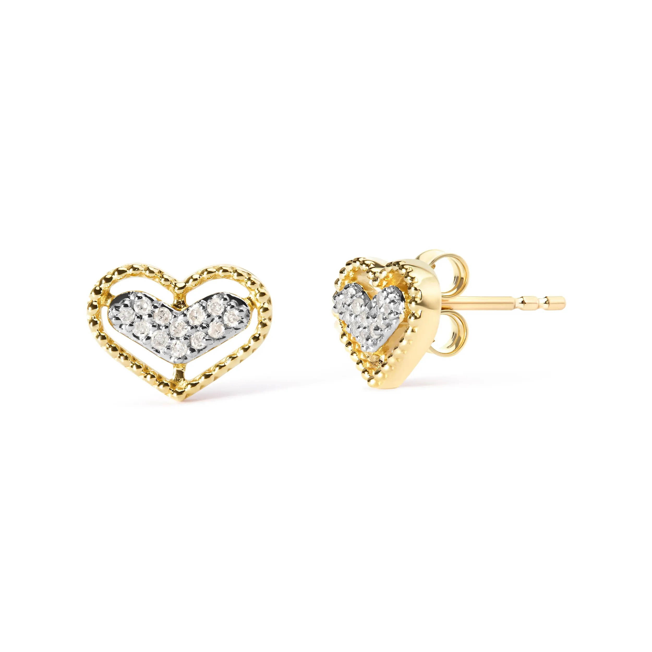 10K Yellow Gold 1/10 Cttw Diamond Heart and Beaded Halo Stud Earrings