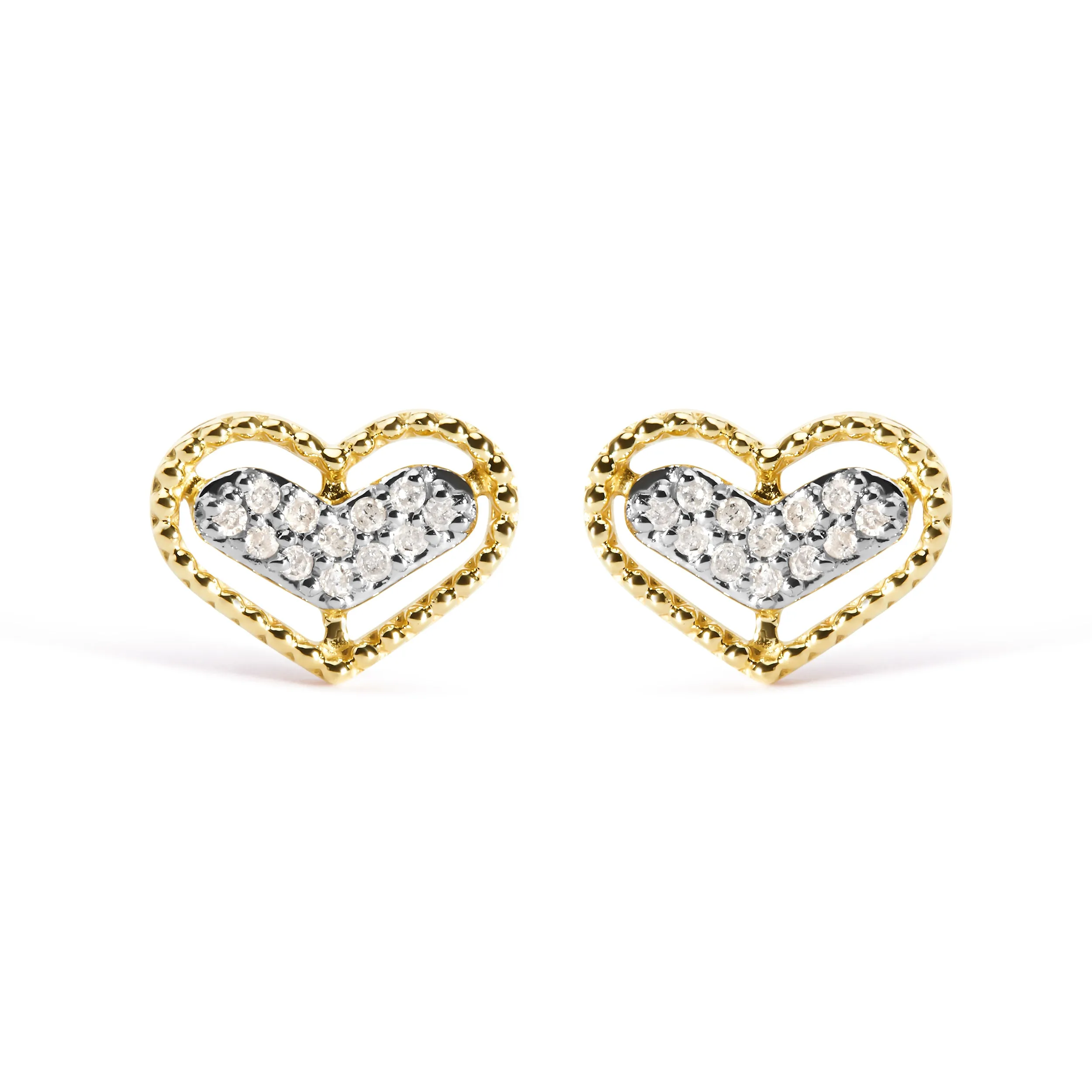 10K Yellow Gold 1/10 Cttw Diamond Heart and Beaded Halo Stud Earrings