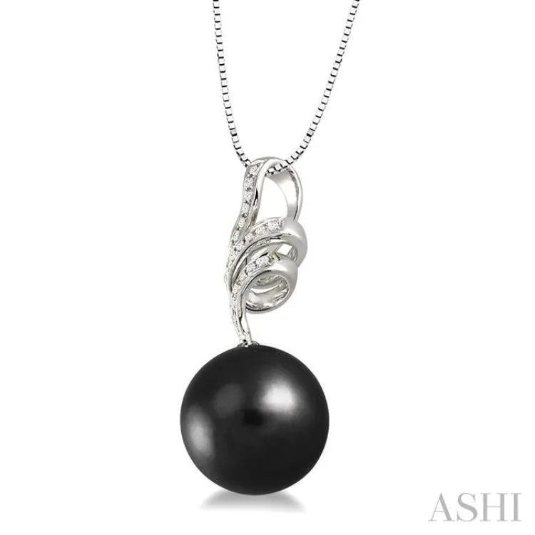 10x10mm Cultured Black Pearl and 1/8 Ctw Round Cut Diamond Pendant in 14K White Gold with Chain