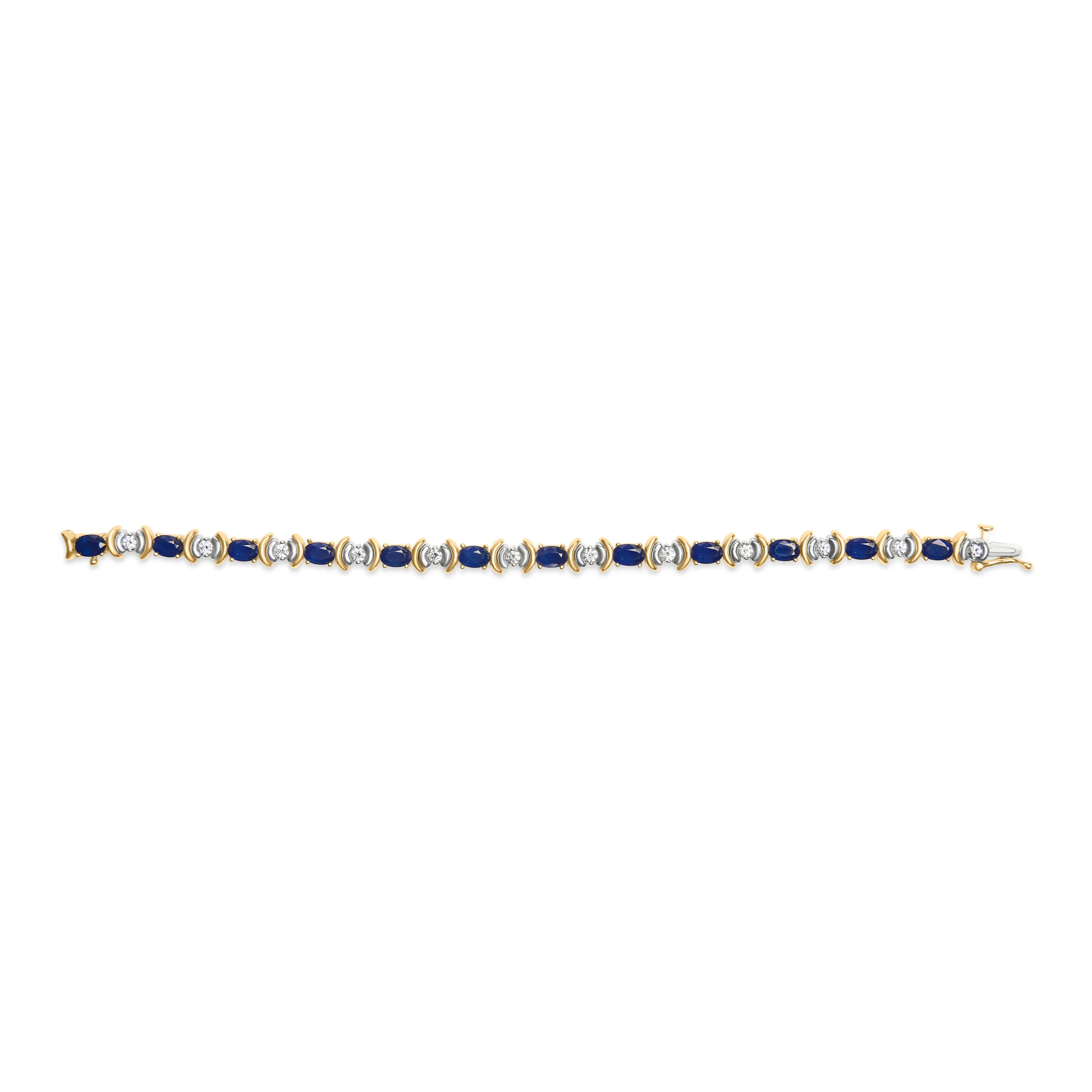 14K Yellow Gold 1.00 Cttw Alternating  Diamond and 6 1/2 Cttw Oval Blue Sapphire Link Bracelet