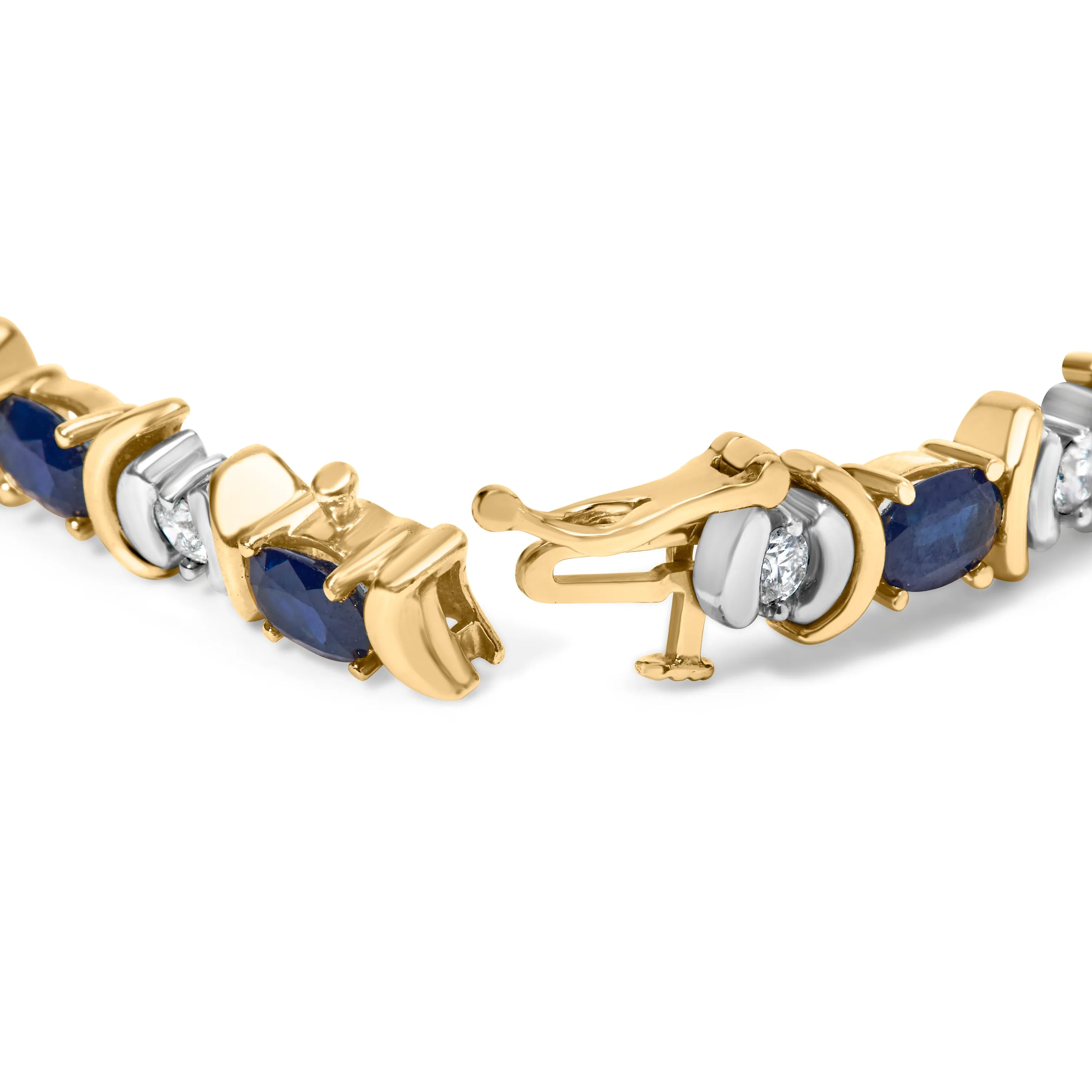 14K Yellow Gold 1.00 Cttw Alternating  Diamond and 6 1/2 Cttw Oval Blue Sapphire Link Bracelet