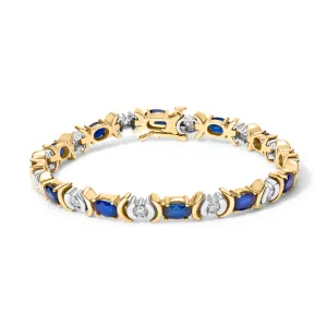 14K Yellow Gold 1.00 Cttw Alternating  Diamond and 6 1/2 Cttw Oval Blue Sapphire Link Bracelet