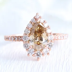 1.65 Ct Pear Champagne Diamond Ring in 14k Rose Gold Tiara Halo, Size 6.5