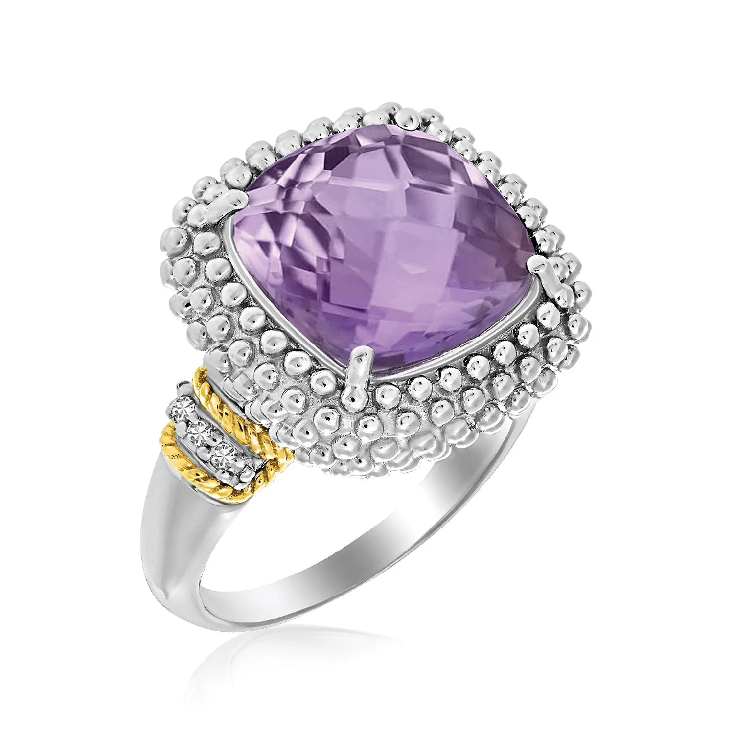 18k Yellow Gold & Sterling Silver Popcorn Ring Amethyst Diamond Accent