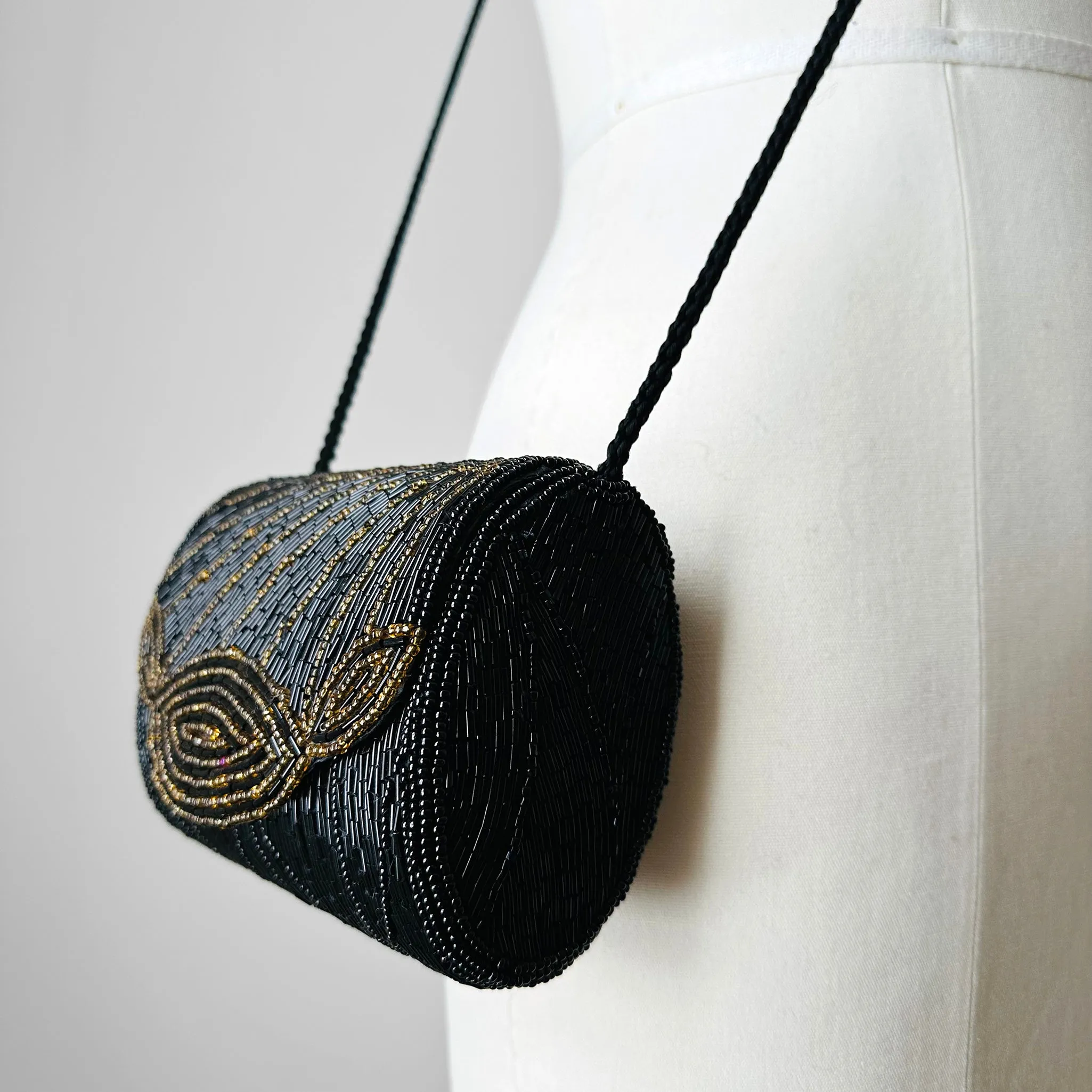 1980s Black and Gold Hard Roll Braided Cord Evening Purse