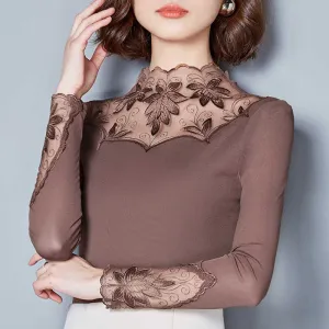 2021 Autumn Style Lace Blouses Shirts Casual Long Sleeve Sizes S - 5XL