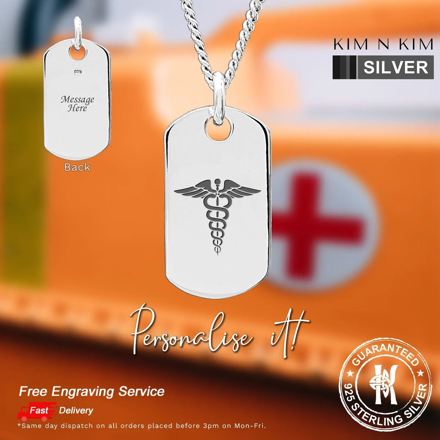 925 Sterling Silver Personalised Caduceus Medical Alert Dog Tag Pendant