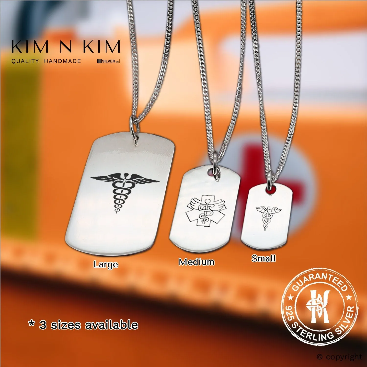 925 Sterling Silver Personalised Caduceus Medical Alert Dog Tag Pendant