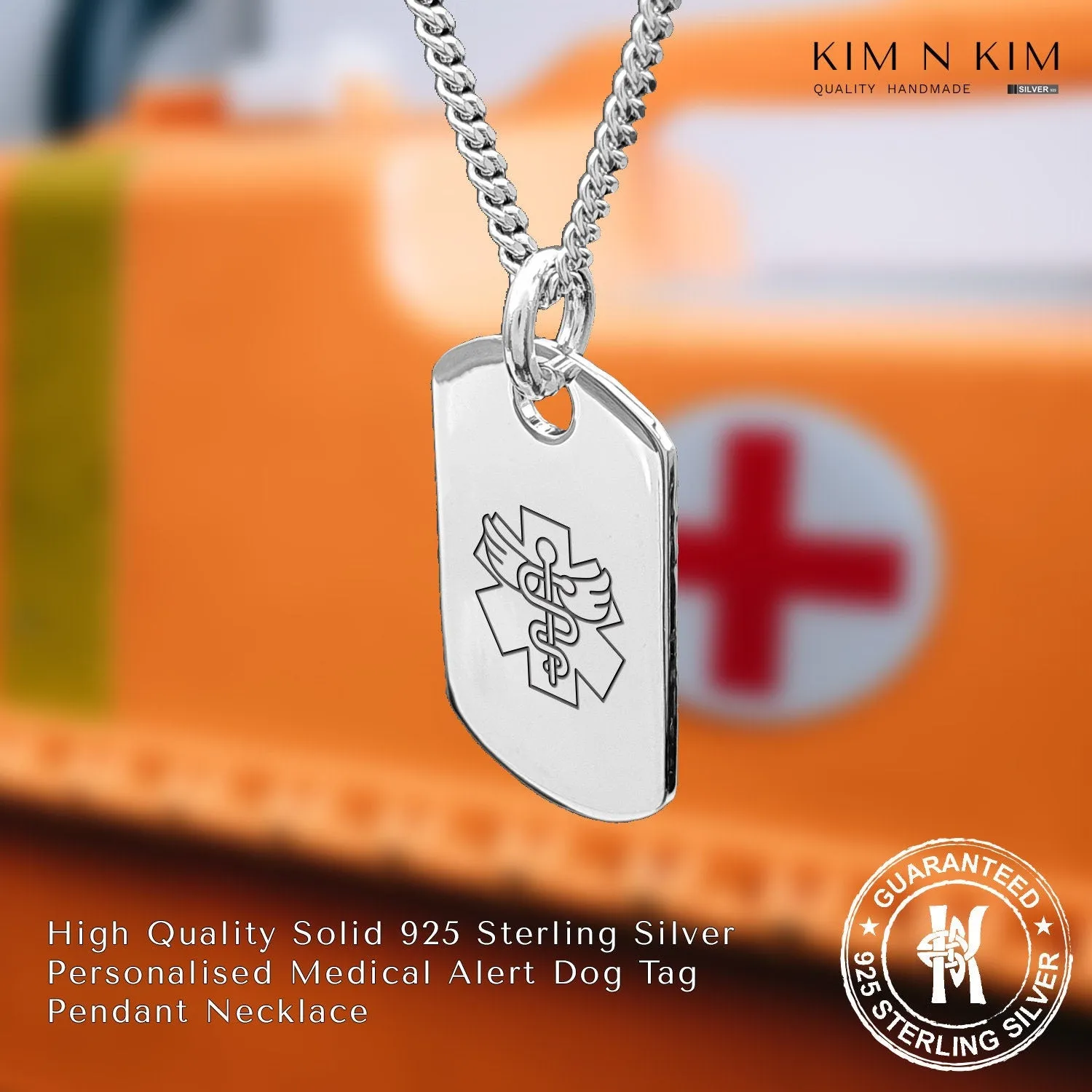 925 Sterling Silver Personalised Caduceus Medical Alert Dog Tag Pendant