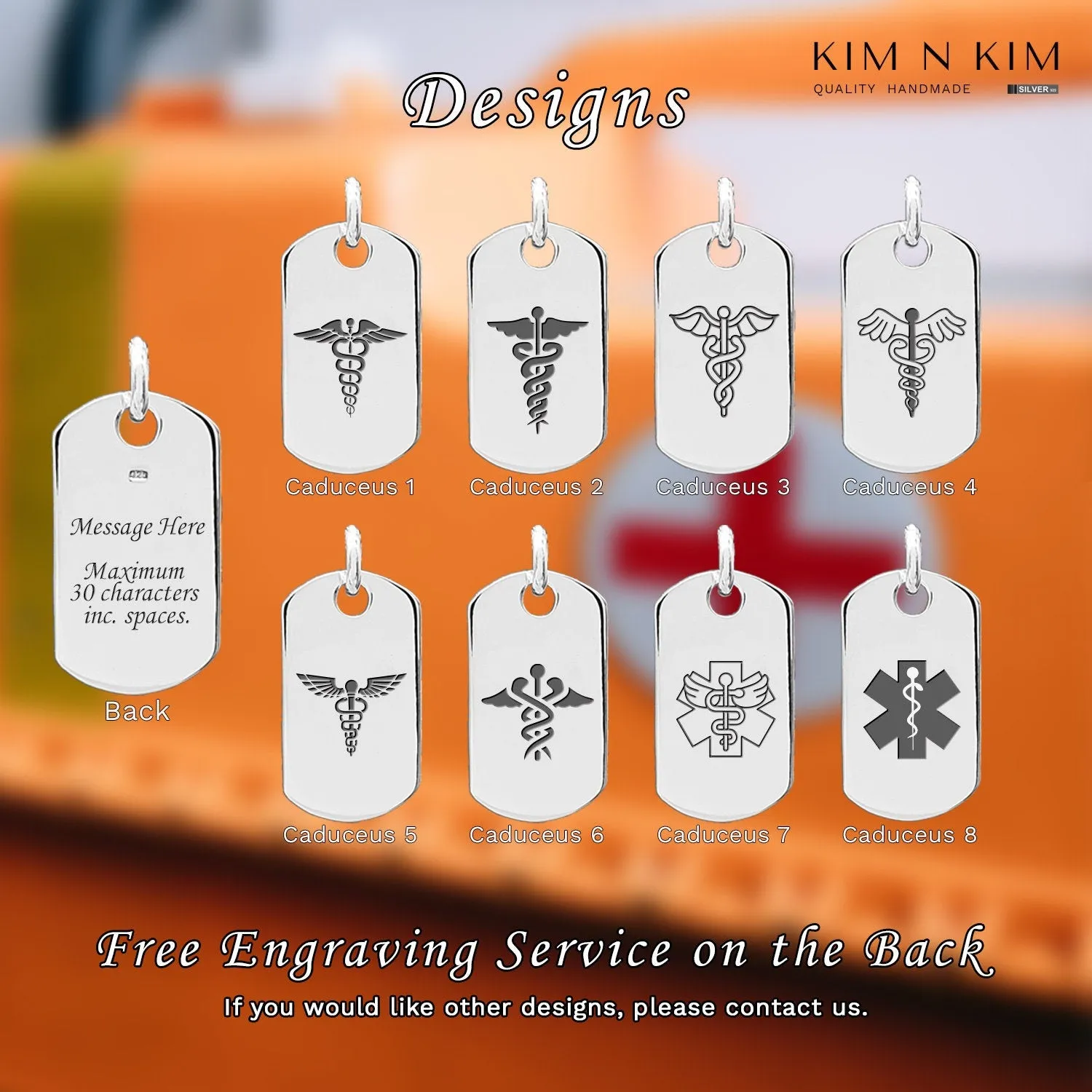 925 Sterling Silver Personalised Caduceus Medical Alert Dog Tag Pendant