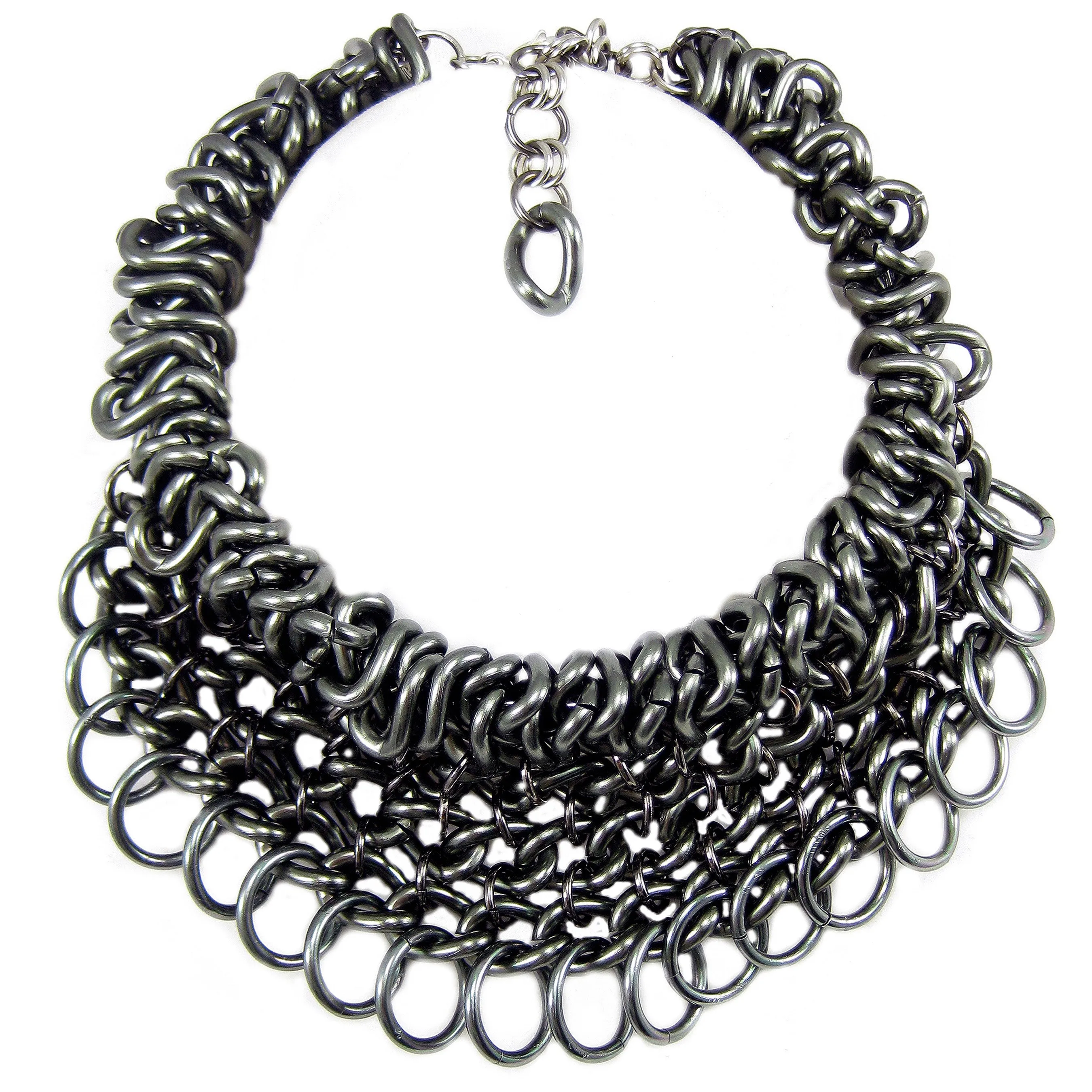 #994n Gunmetal Chain Mail Choker/Bib Necklace With Ring Fringe