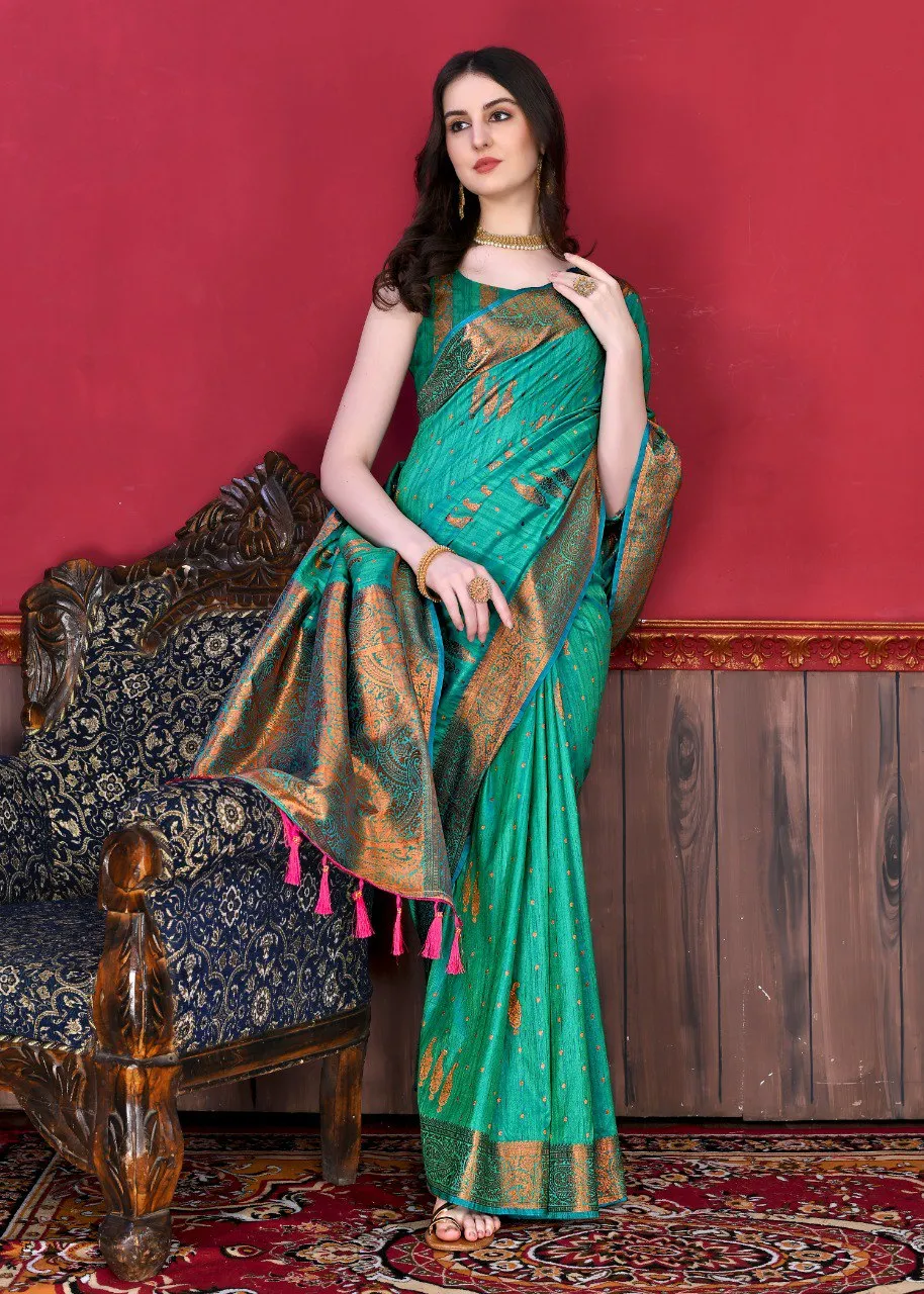 Adoring Rama Soft Banarasi Silk Saree With Winsome Blouse Piece