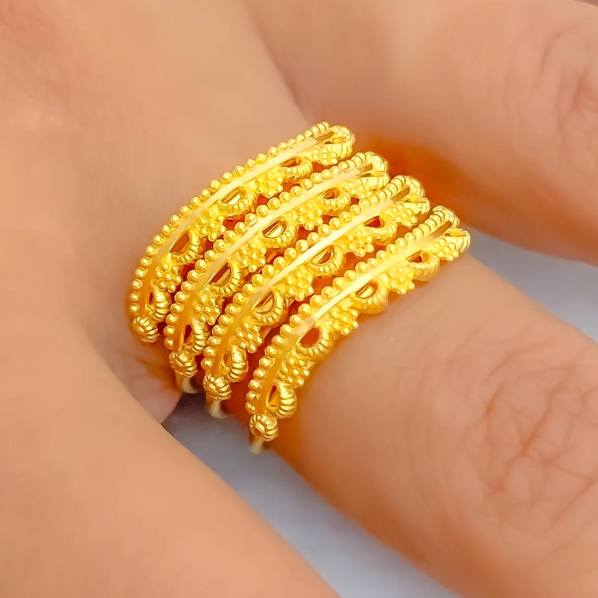 Alternating Beaded Flower 22K Gold Spiral Ring