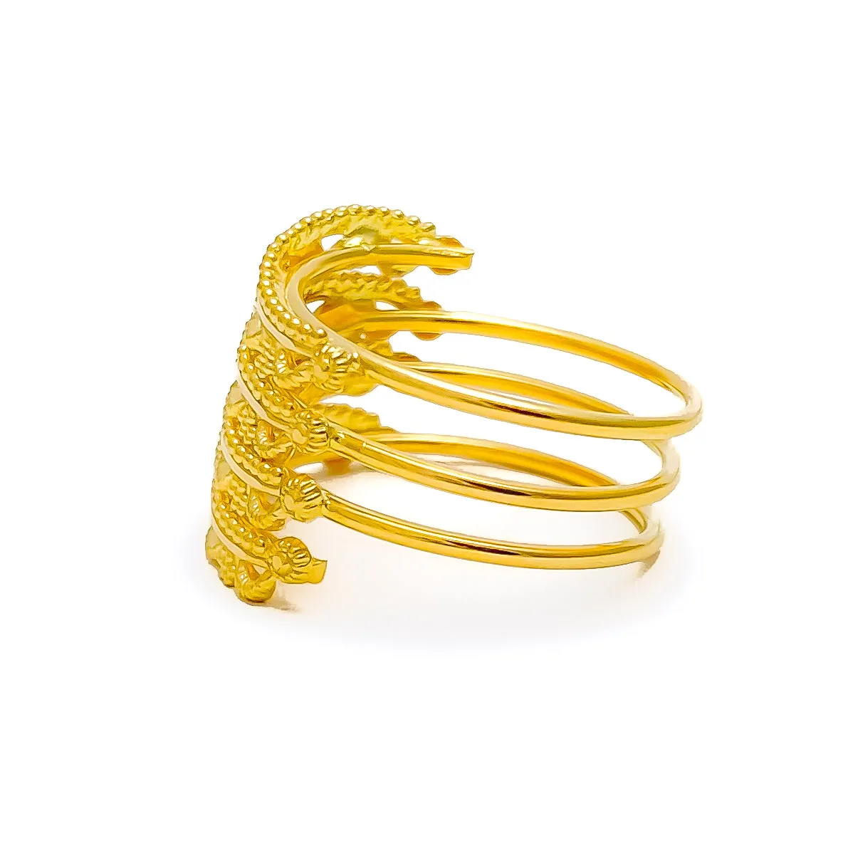 Alternating Beaded Flower 22K Gold Spiral Ring