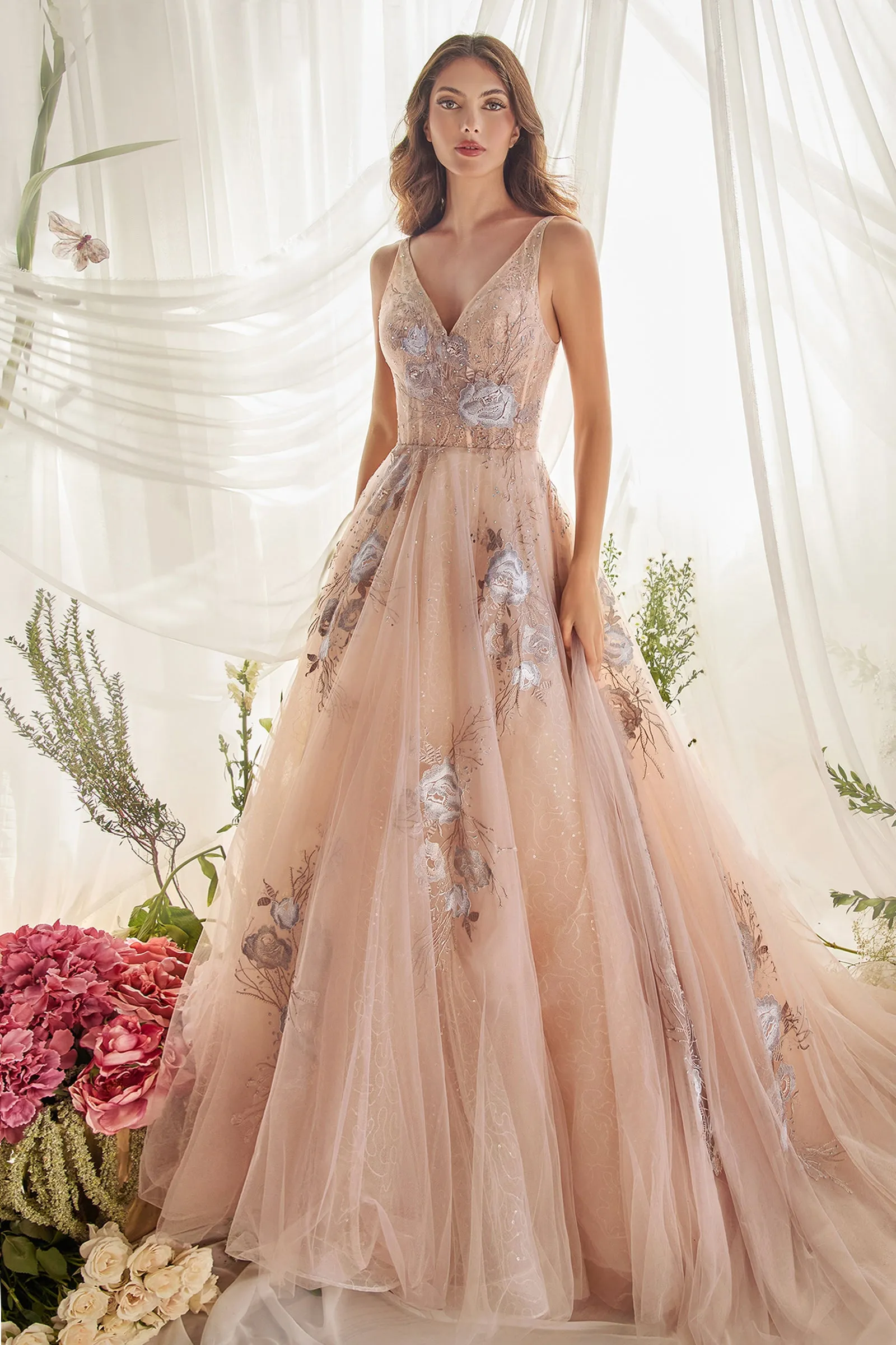 ANDREA & LEO A0893 Floral Embroidered A Line Dress