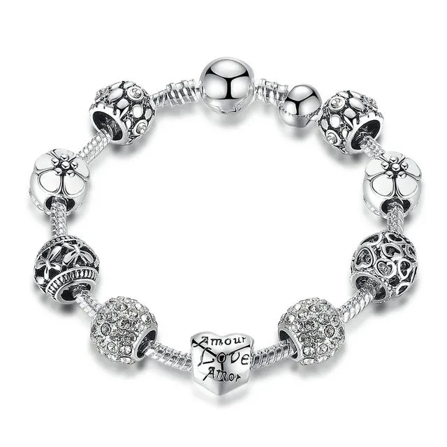 Antique Silver Charm with Love and Flower Crystal Ball Bracelet