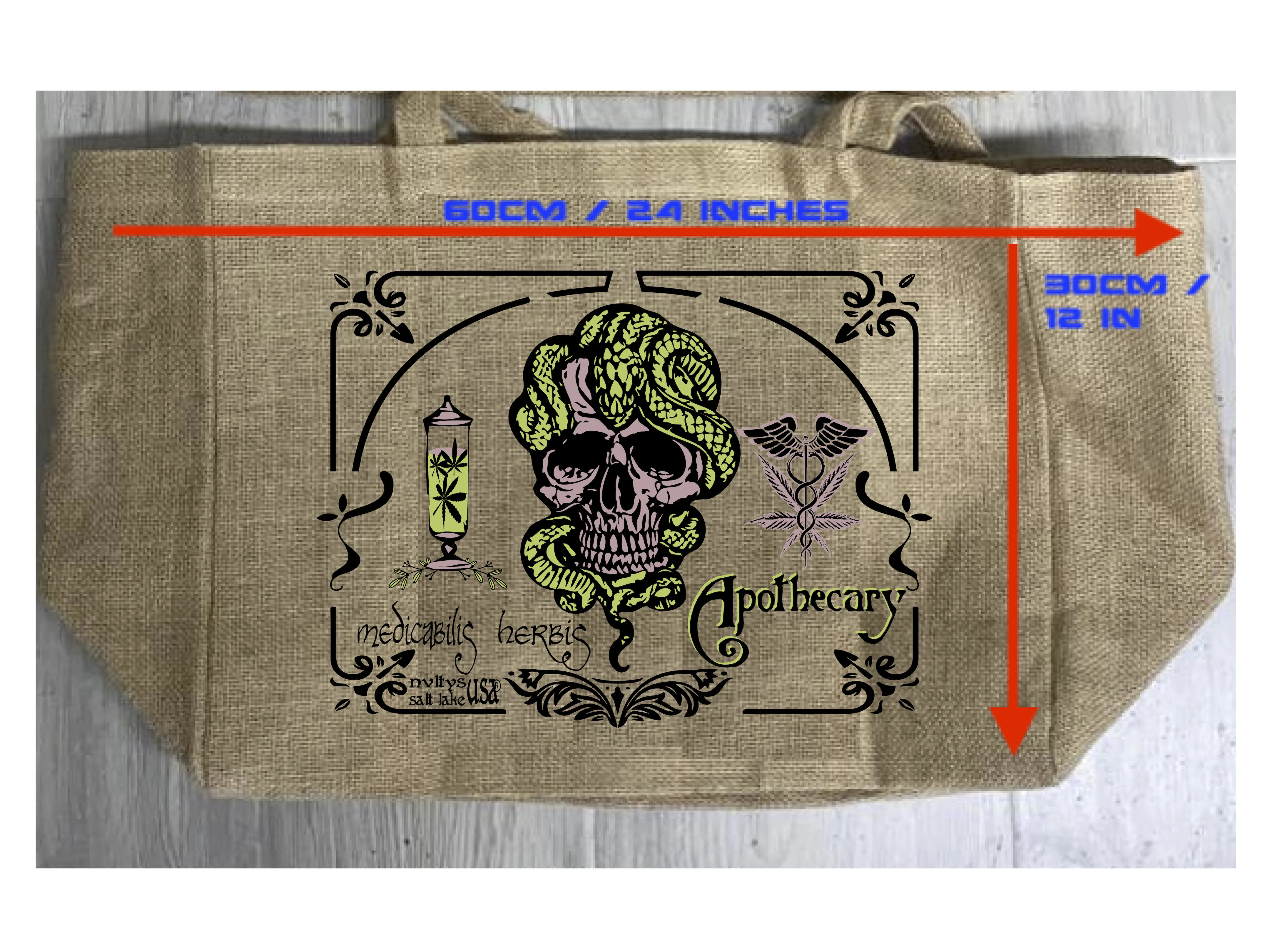 APOTHECARY MEDICAL MARIJUANA BURLAP TOTE BAG