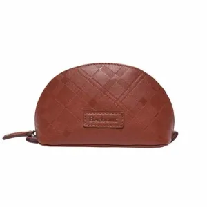 Barbour Embossed Tartan Leather Make Up Bag in Dark Tan