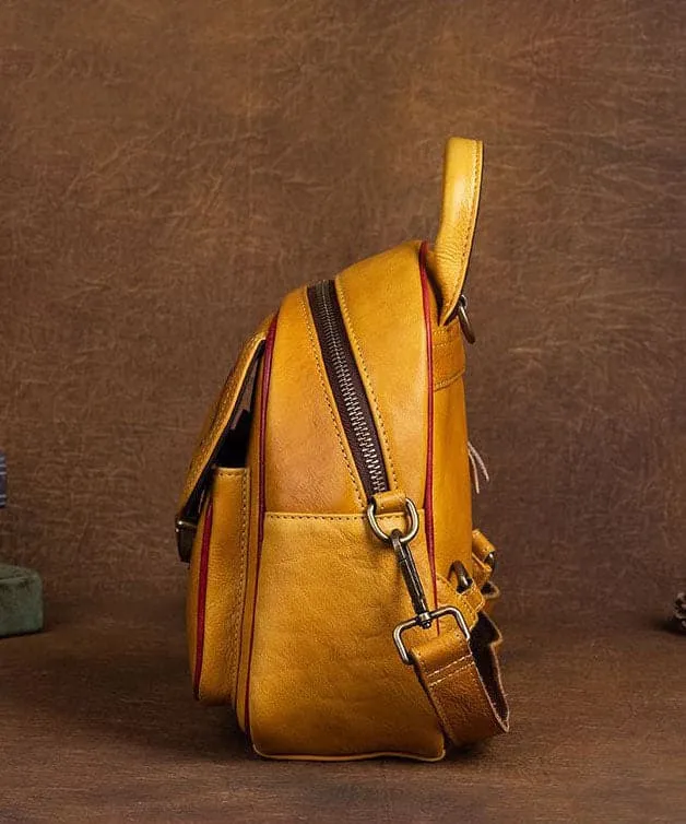 Beautiful Yellow Embossing Paitings Calf Leather Backpack Bag