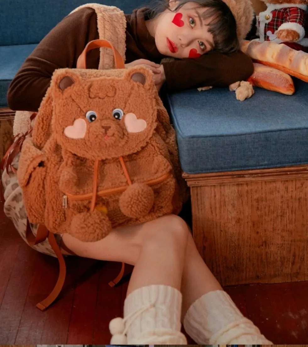 BerryQ~Chubbybear~Kawaii Lolita Plush Embroidered Brown Backpack