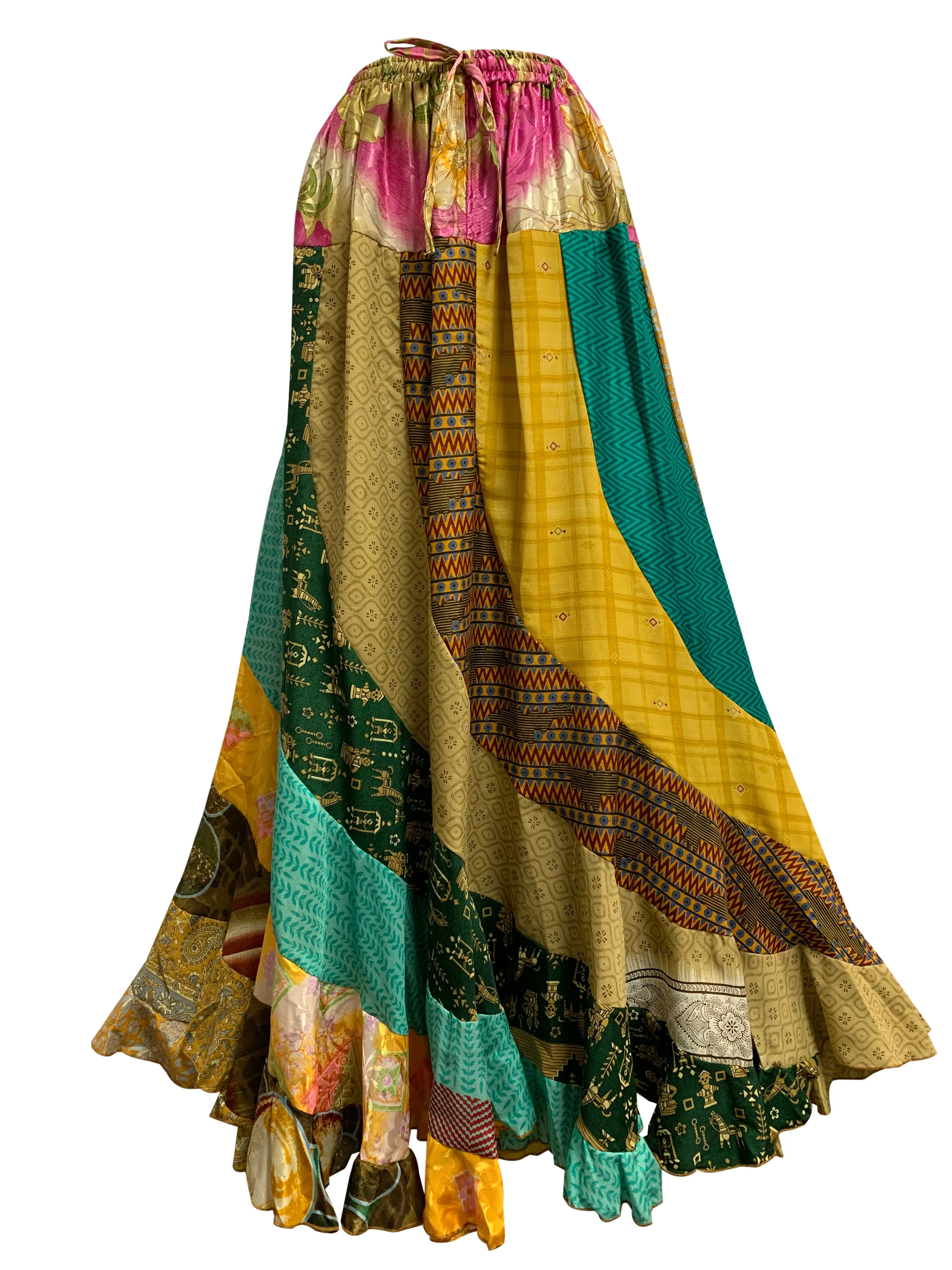 Boho Handmade Patchwork Fair Trade Indian Silk Sari Ruffled Long Skirt