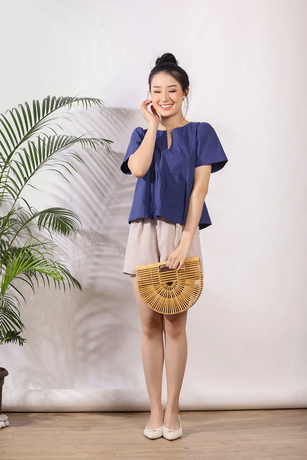 Cady Ruffle Linen Top in Navy Blue