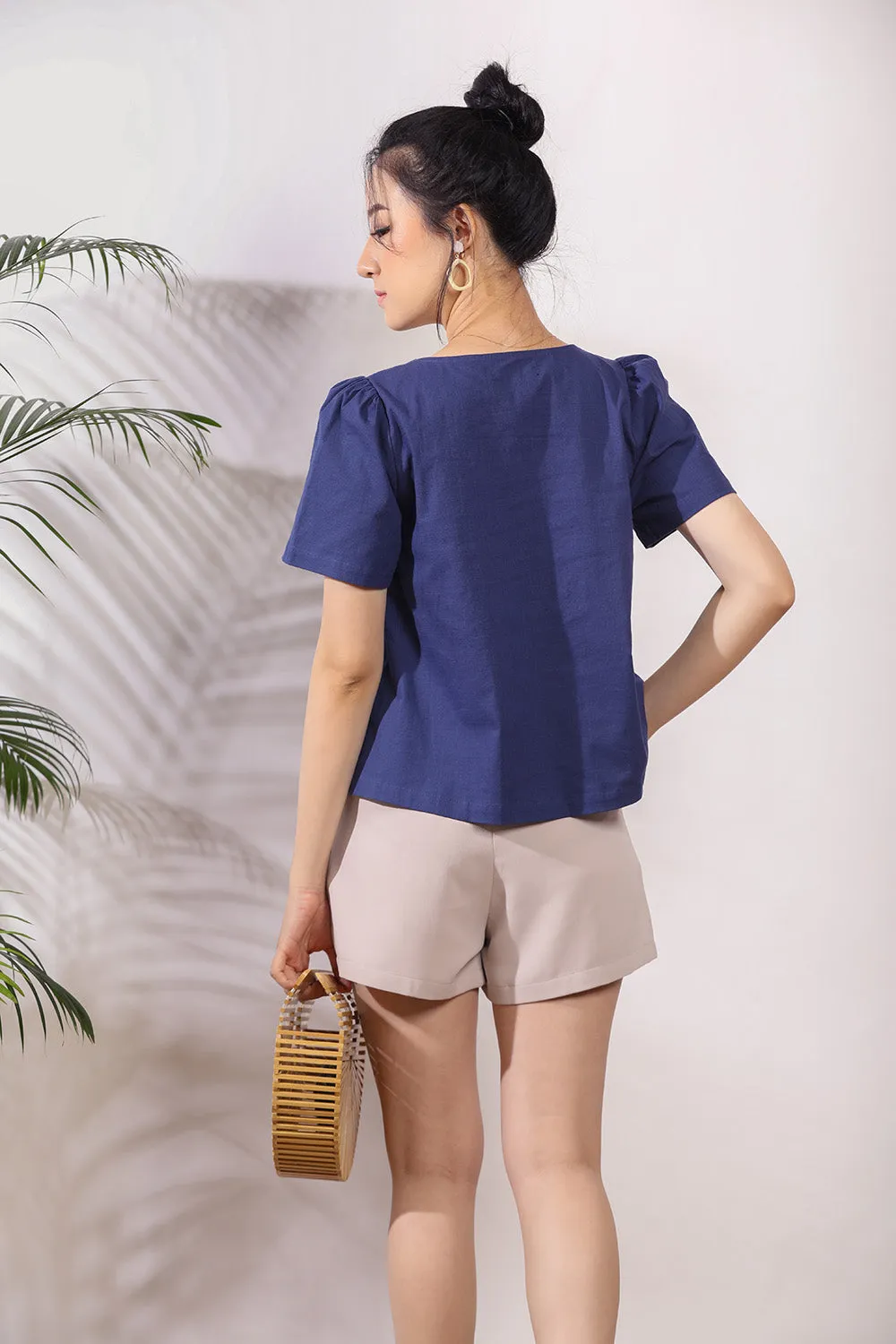 Cady Ruffle Linen Top in Navy Blue