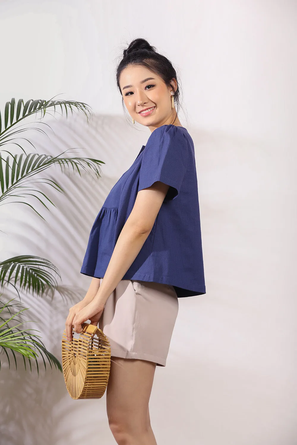 Cady Ruffle Linen Top in Navy Blue