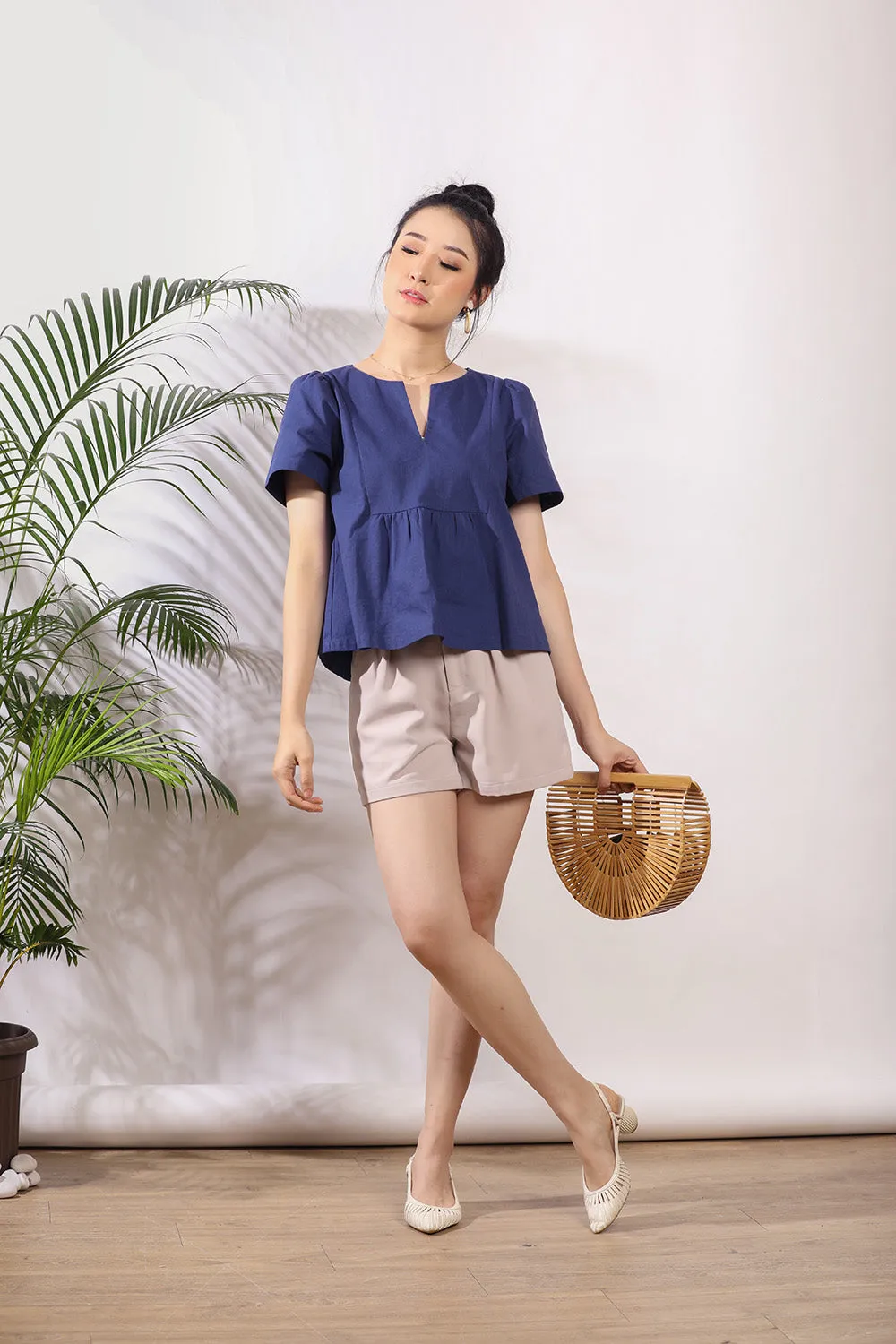 Cady Ruffle Linen Top in Navy Blue