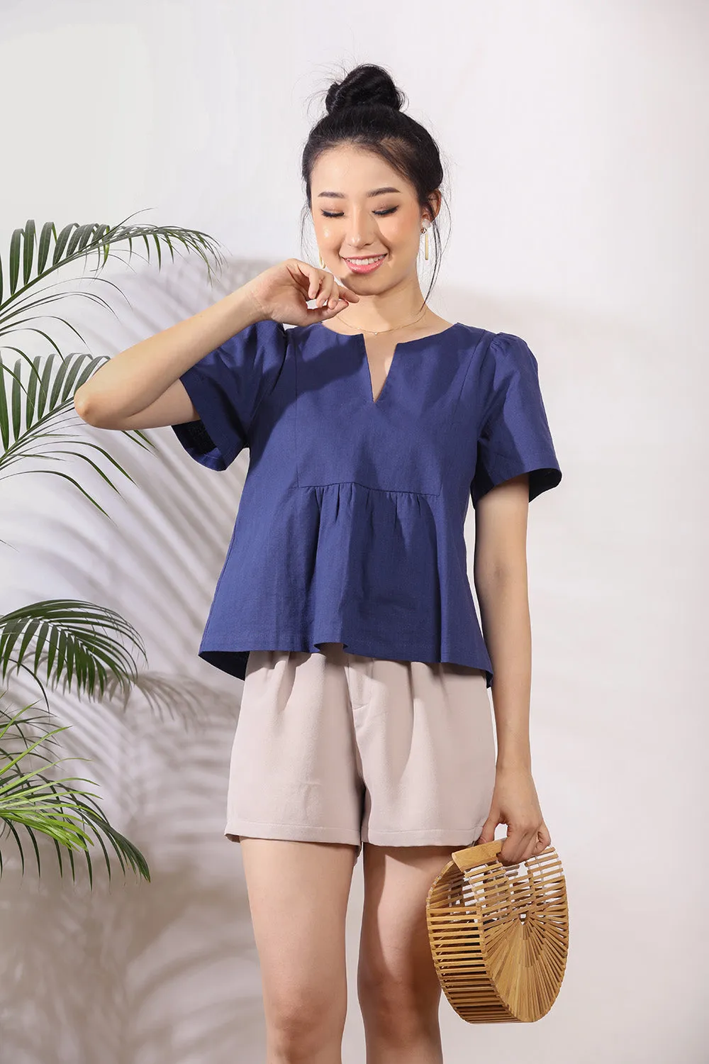 Cady Ruffle Linen Top in Navy Blue