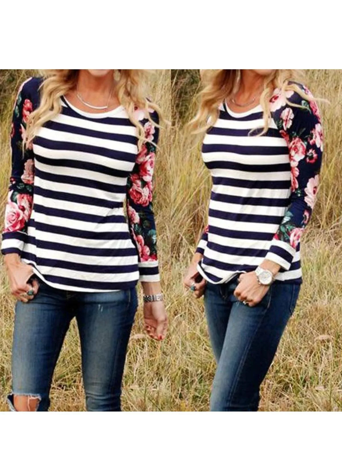 Casual Plus Size Striped Floral Printed Long Sleeve T Shirt