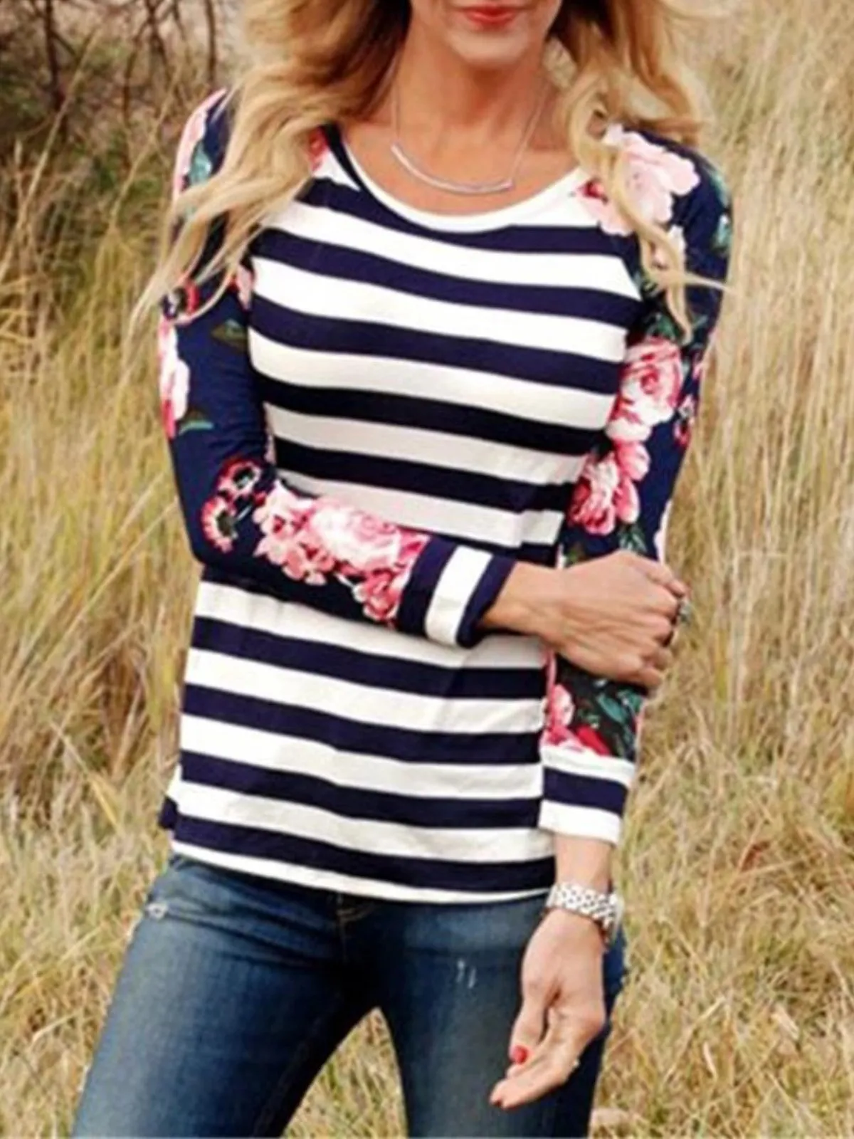 Casual Plus Size Striped Floral Printed Long Sleeve T Shirt