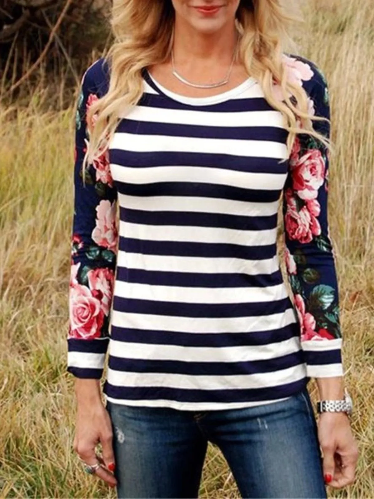 Casual Plus Size Striped Floral Printed Long Sleeve T Shirt