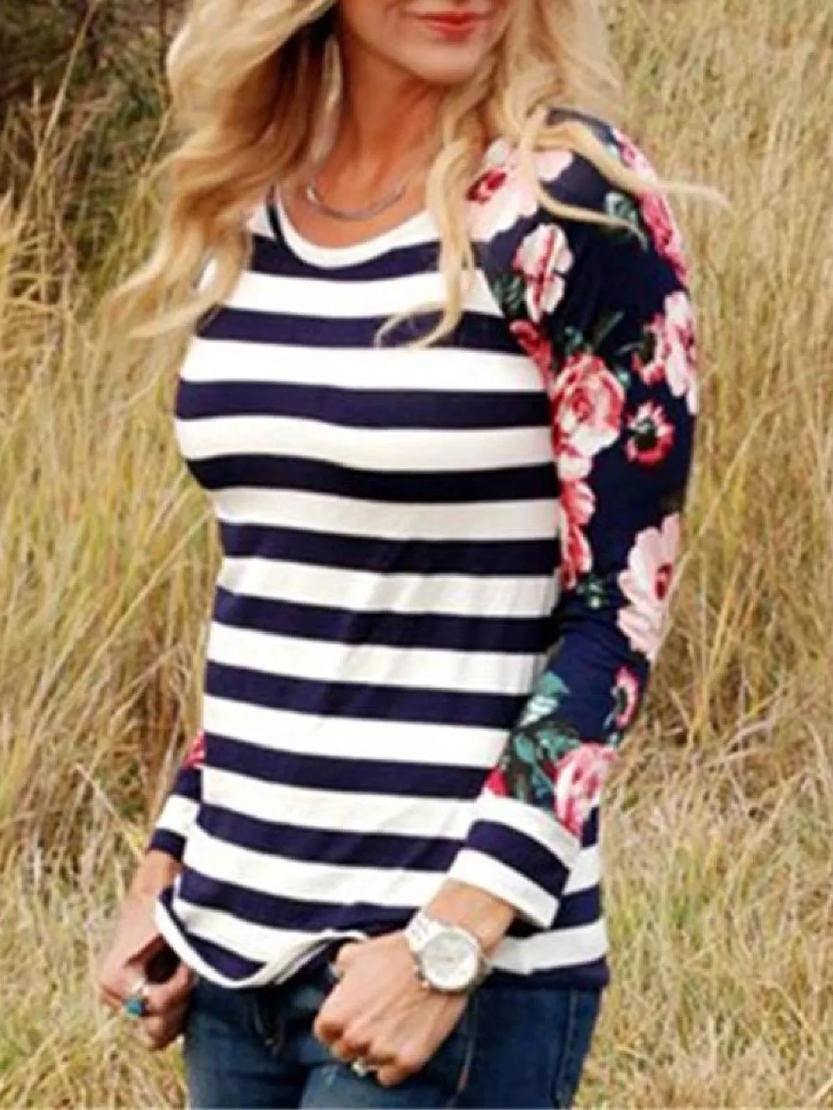 Casual Plus Size Striped Floral Printed Long Sleeve T Shirt