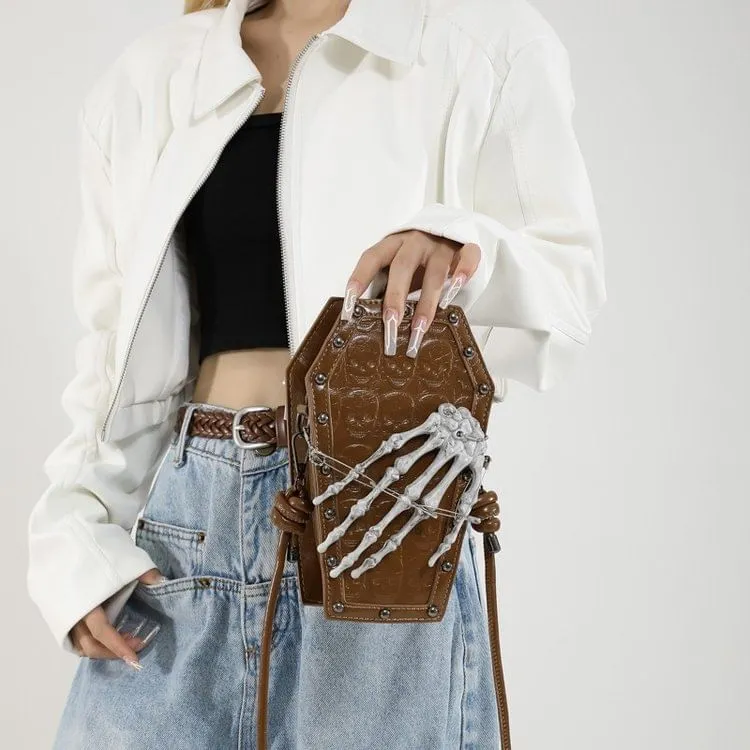 Coffin Shaped Studded Faux Leather Crossbody Bag