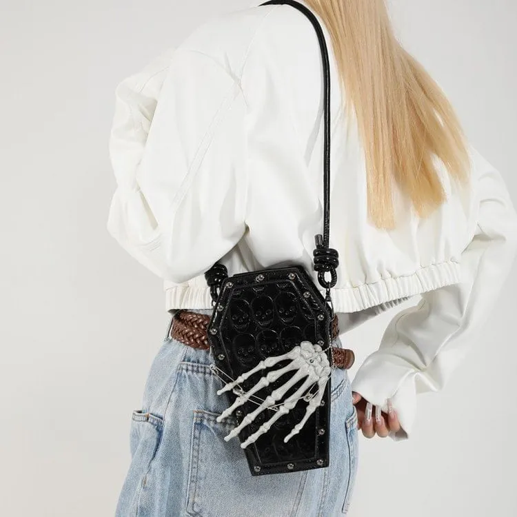 Coffin Shaped Studded Faux Leather Crossbody Bag