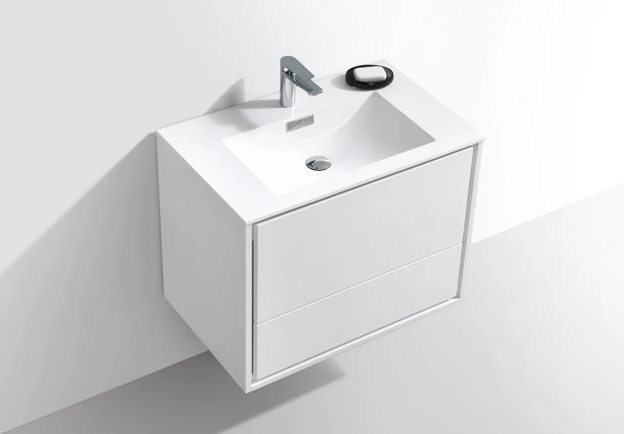 DeLusso 30" High Glossy White Wall Mount Modern Bathroom Vanity