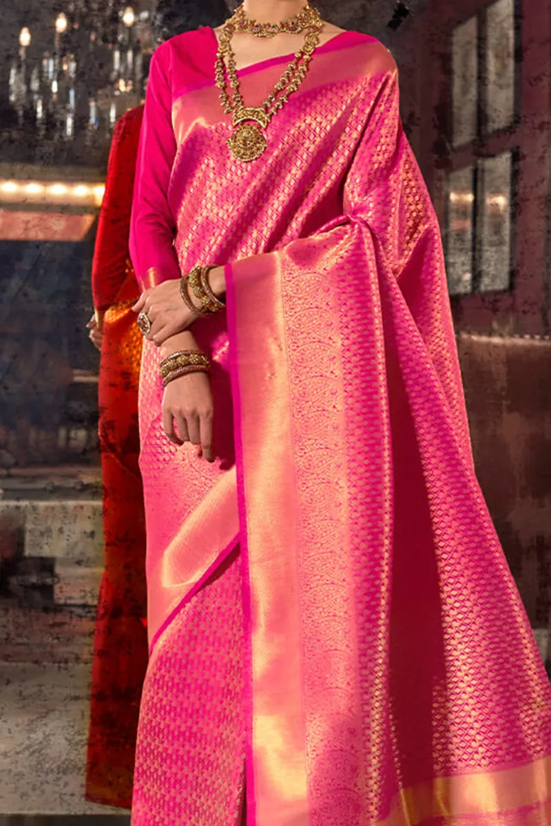 Demanding Pink Kanjivaram Silk Saree With Propinquity Blouse Piece