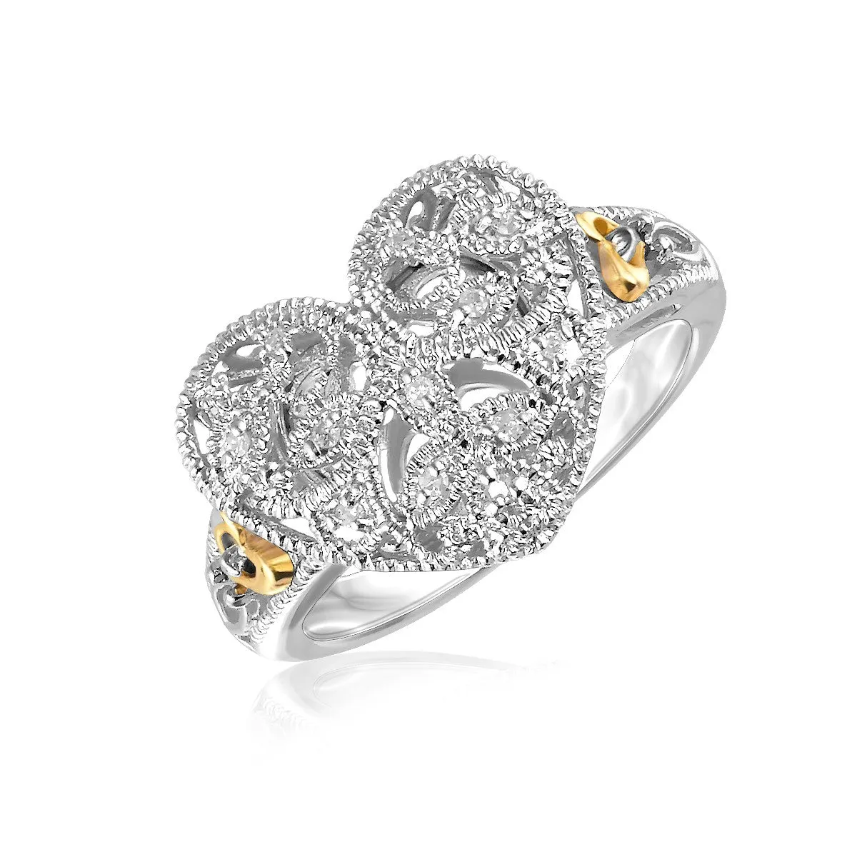 Designer Sterling Silver 14k Yellow Gold Filigree Heart Ring Diamonds