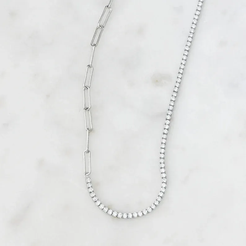 Diamonique Simulated Paperclip Half-Tennis Necklace, Real Sterling Silver