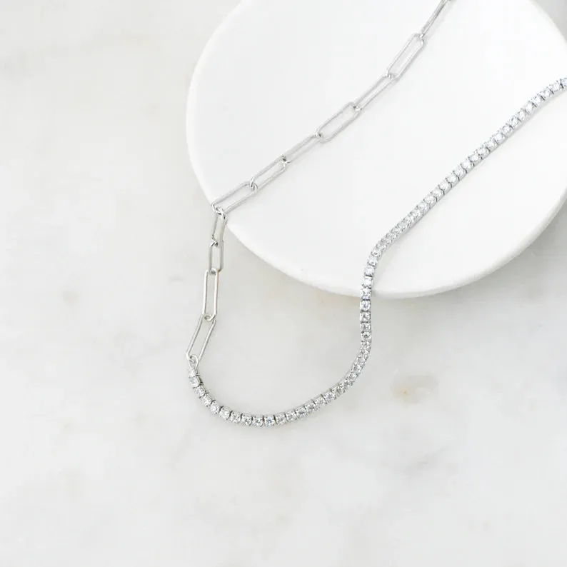 Diamonique Simulated Paperclip Half-Tennis Necklace, Real Sterling Silver