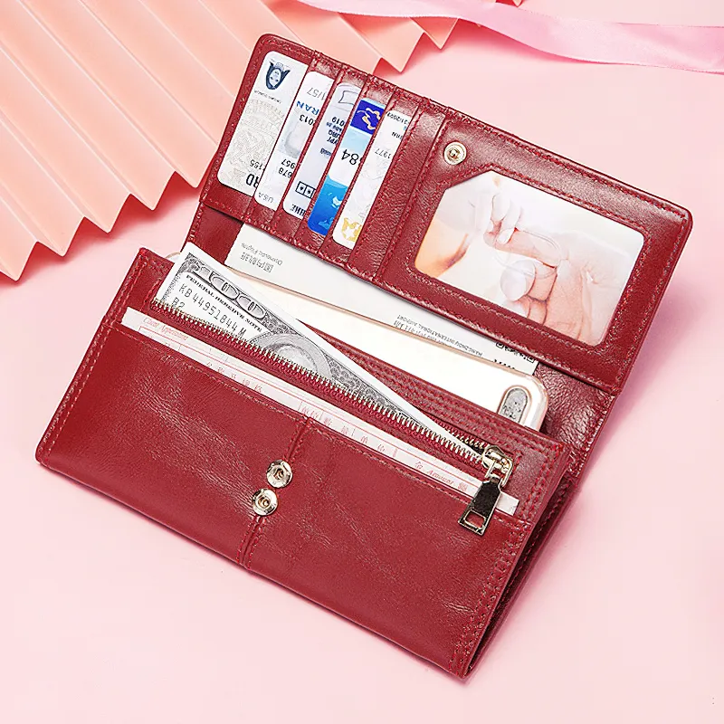 Fashion Ladies Genuine Leather Long Wallet / Clutch with Card Case and Hasp