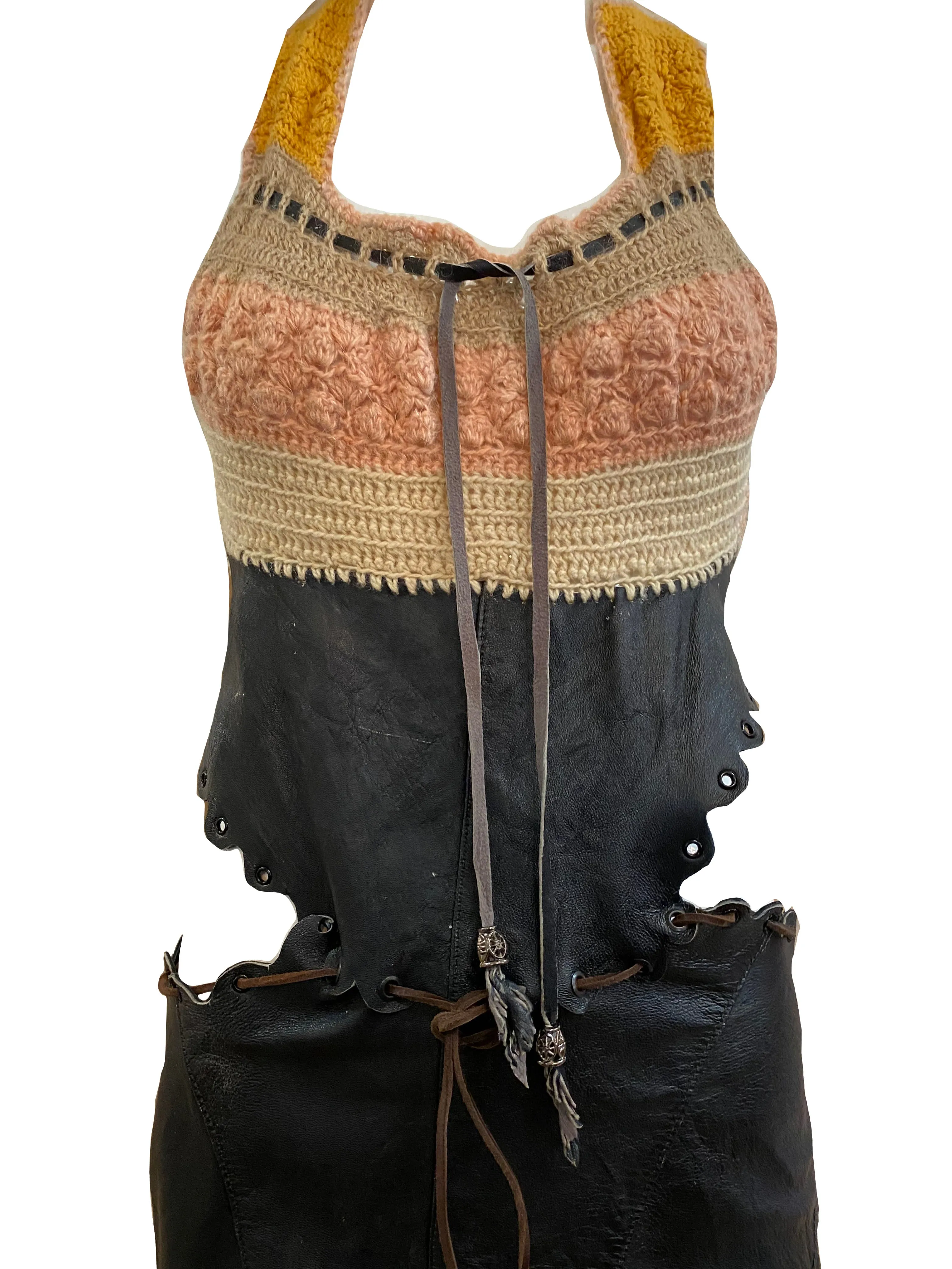 Genuine 1960s Hippie Handmade Halter Crochet and Leather Dress