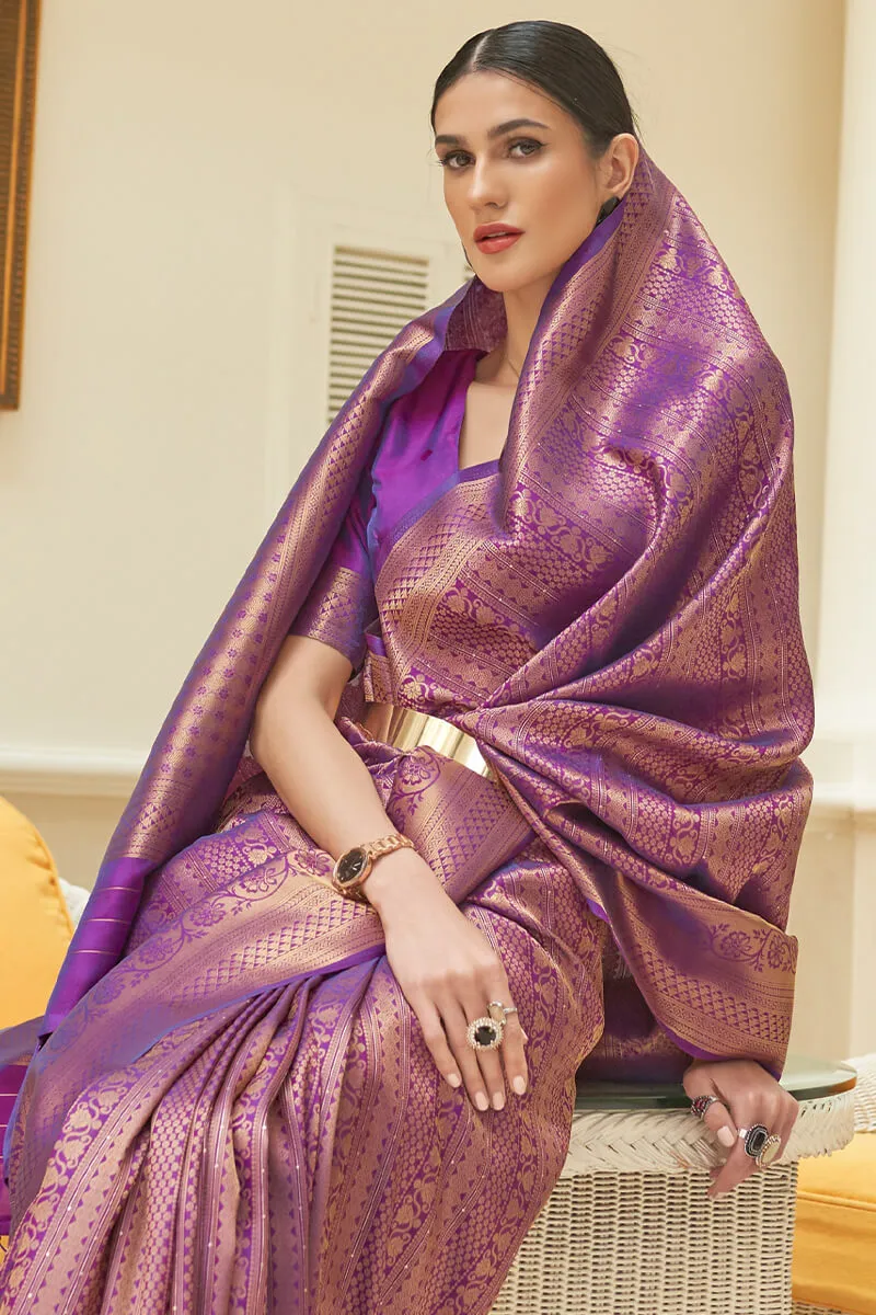 Glowing Purple Kanjivaram Silk Saree With Nemesis Blouse Piece