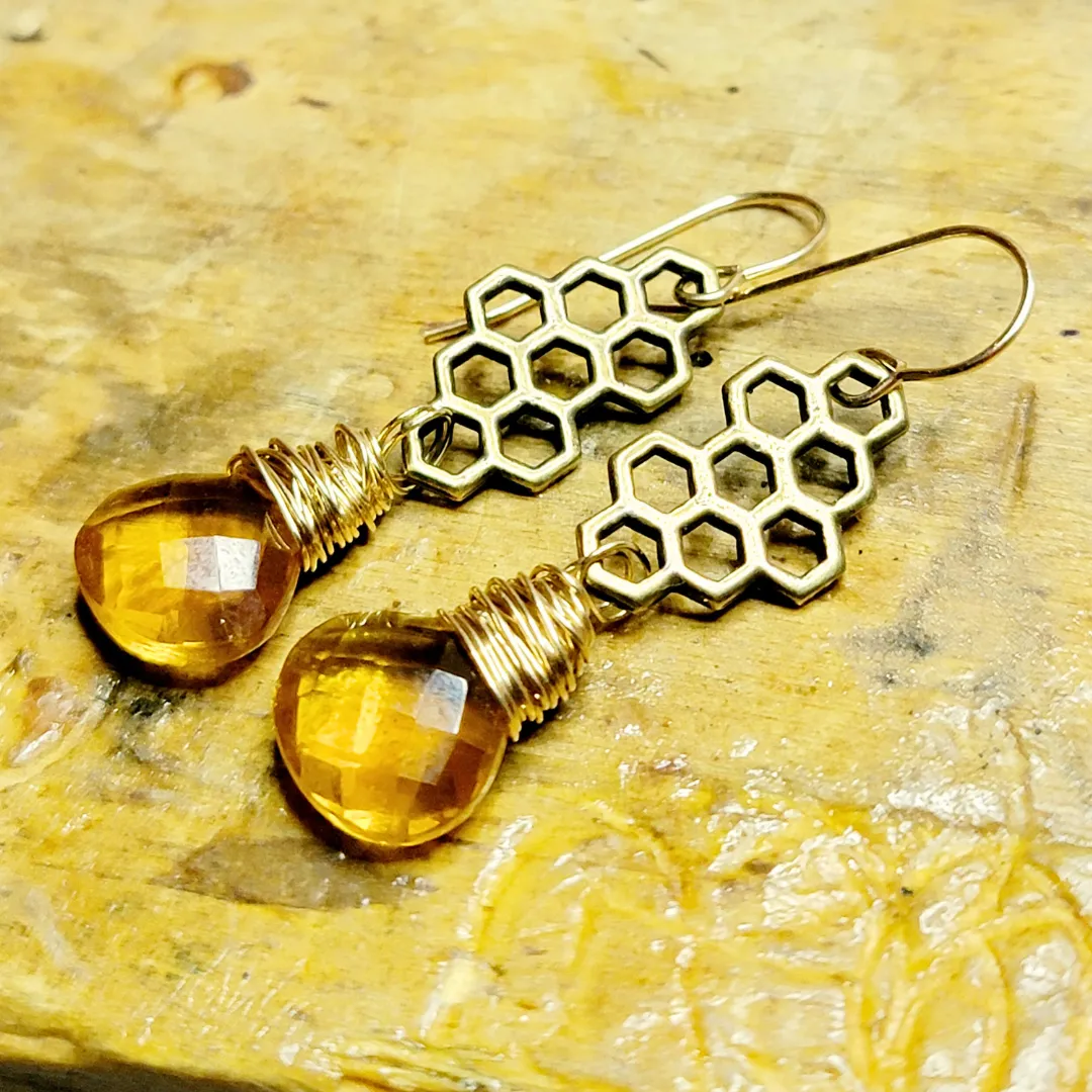 Gold Citrine Honeycomb Earrings